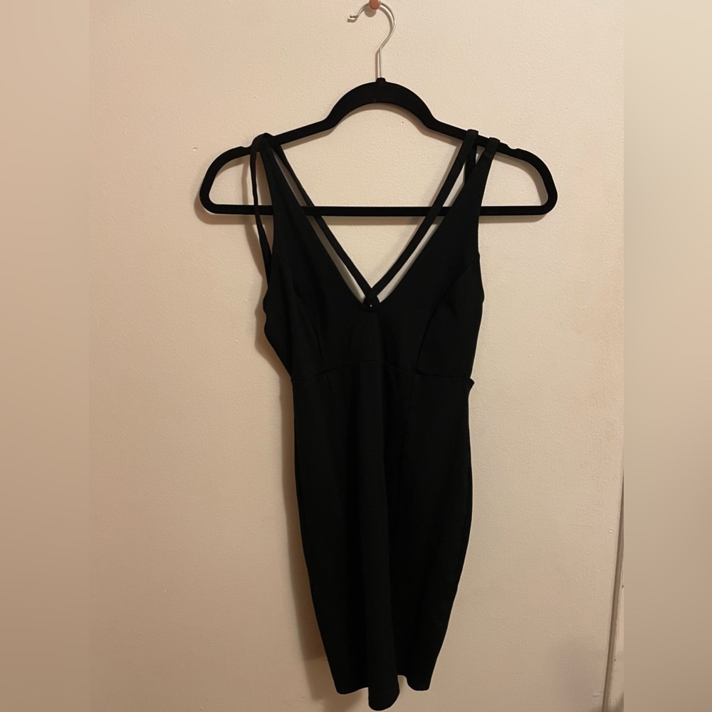 Cross chest, black fitted cocktail dress (S)